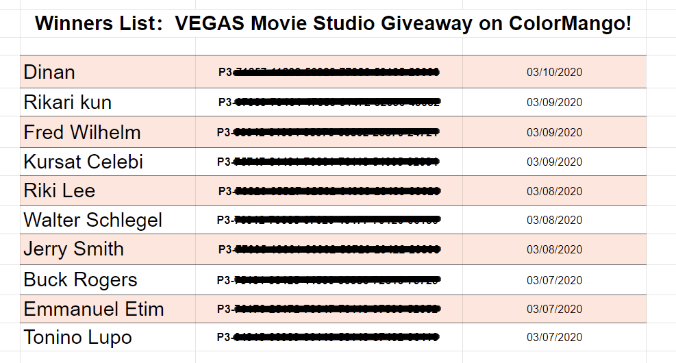 Winners List VEGAS Movie Studio Giveaway on ColorMango!