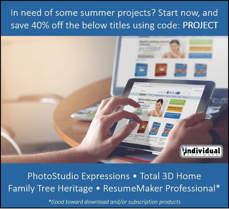 40% OFF Individual Software: ResumeMaker Professional, Total 3D, PhotoStudio Expressions, Family Tree Heritage