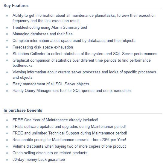EMS SQL Administrator for SQL Server Feature
