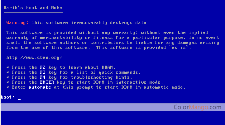 DBAN (Darik's Boot and Nuke) Screenshot