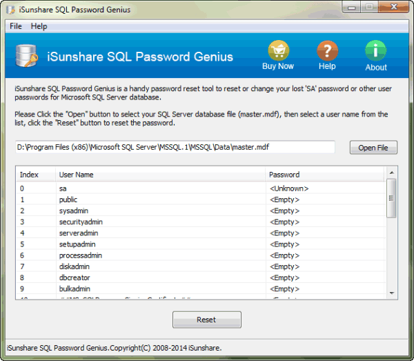 iSunshare SQL Password Genius Screenshot