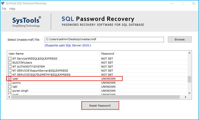 SysTools SQL Password Recovery Screenshot