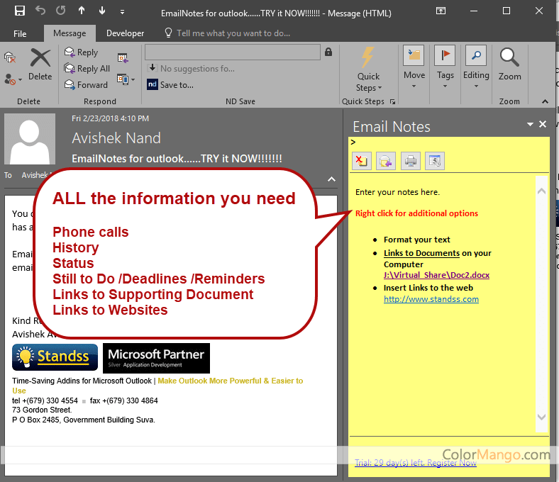 EmailNotes for Outlook Screenshot