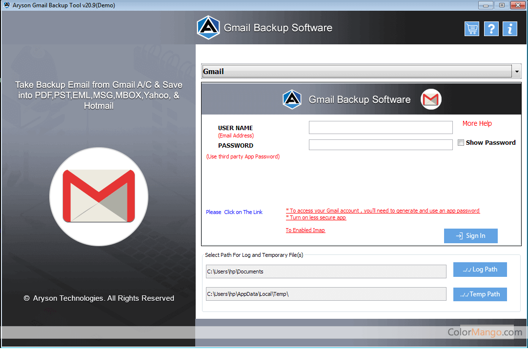 Aryson Gmail Backup Screenshot