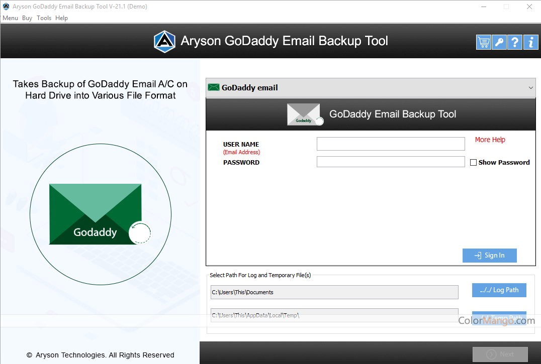 Aryson GoDaddy Email Backup Screenshot