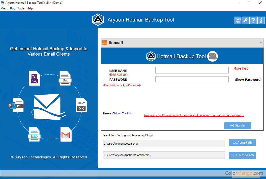 Aryson Hotmail Backup Extractor Screenshot
