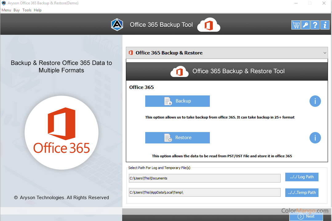 Aryson Office 365 Backup and Restore Screenshot