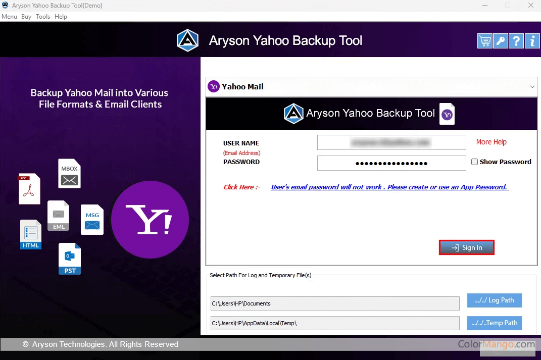 Aryson Yahoo Backup Screenshot